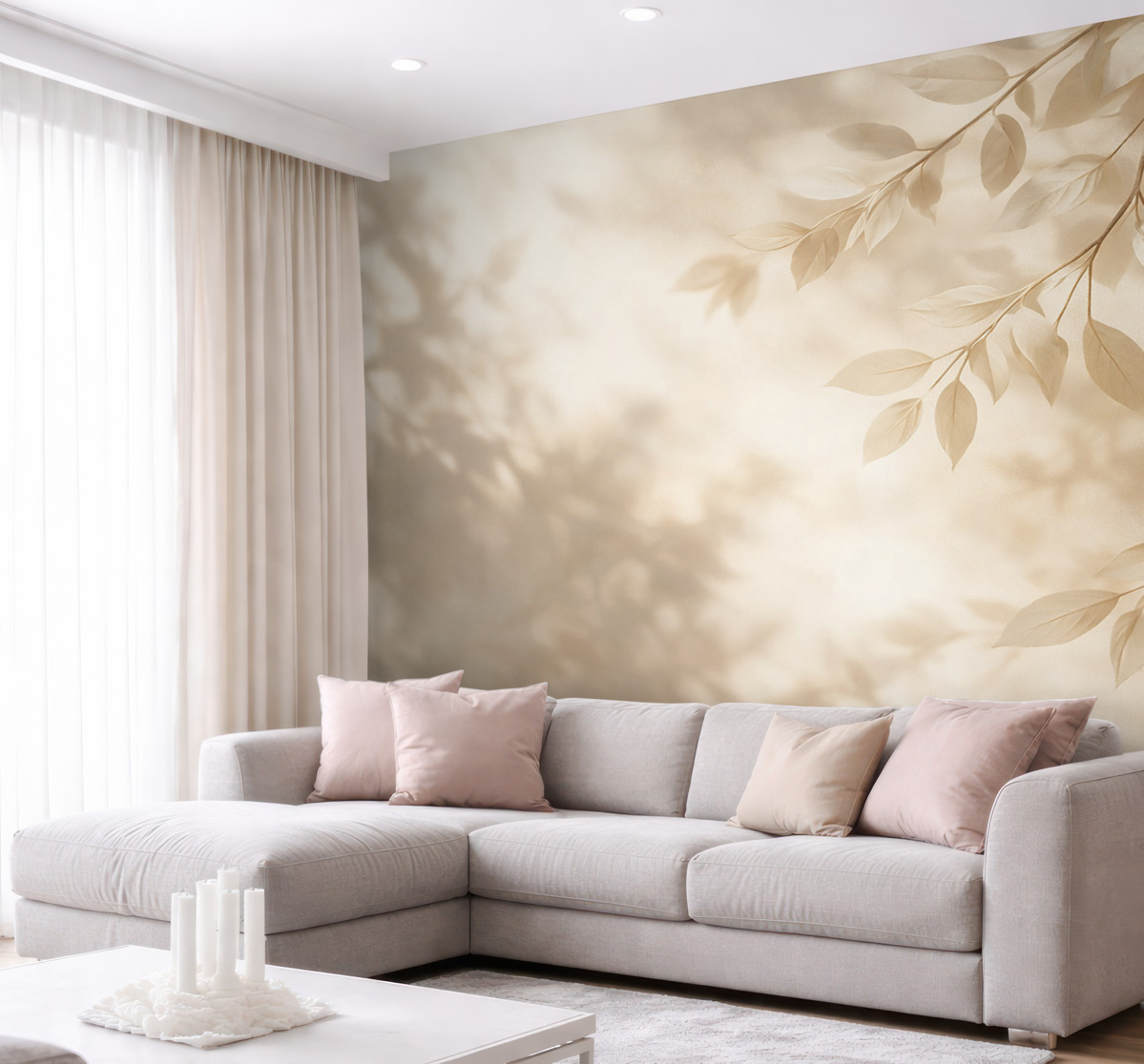 Fototapeta Żółte konary drzew na beżowym tle ściany.