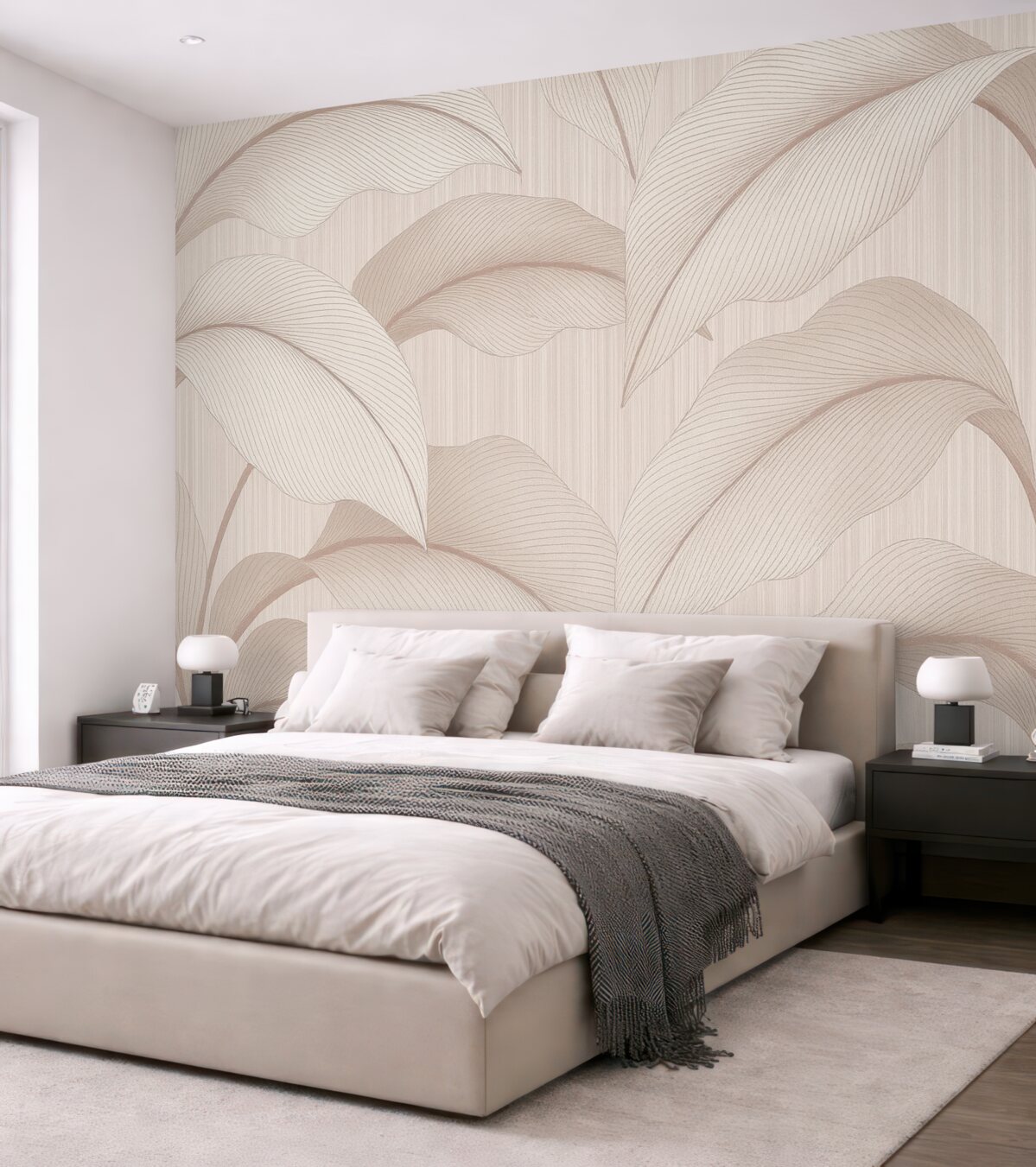 Fototapeta Delikatny wzór z dużymi liśćmi w łagodnych pastelowych odcieniach na jasnym tle z subtelnymi detalami faktury.