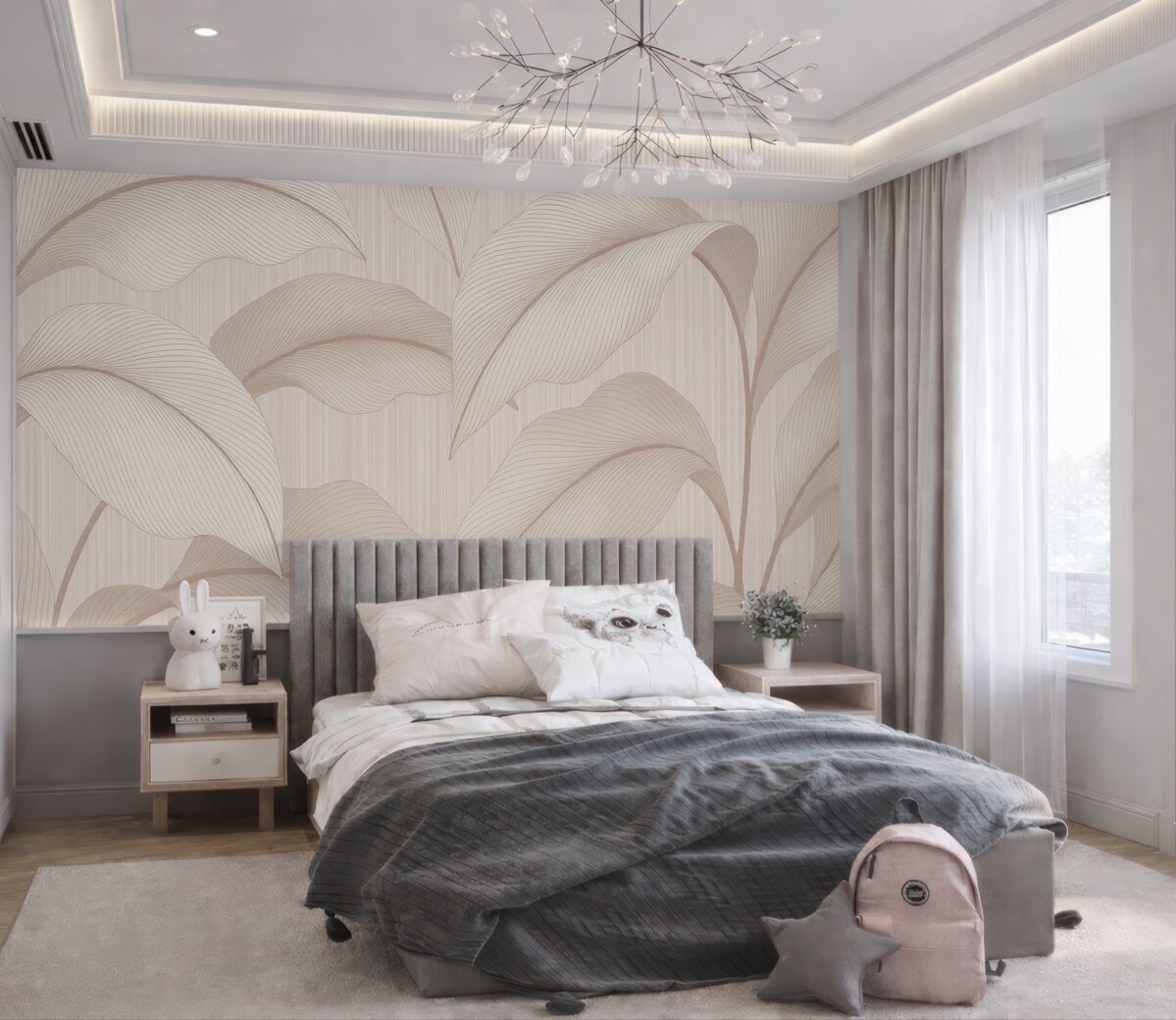 Fototapeta Delikatny wzór z dużymi liśćmi w łagodnych pastelowych odcieniach na jasnym tle z subtelnymi detalami faktury.