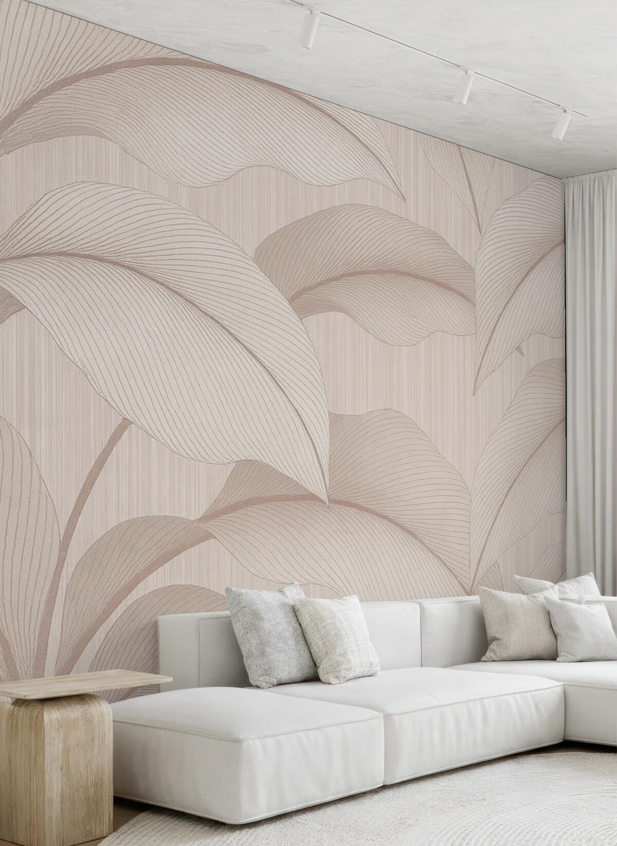 Fototapeta Delikatny wzór z dużymi liśćmi w łagodnych pastelowych odcieniach na jasnym tle z subtelnymi detalami faktury.