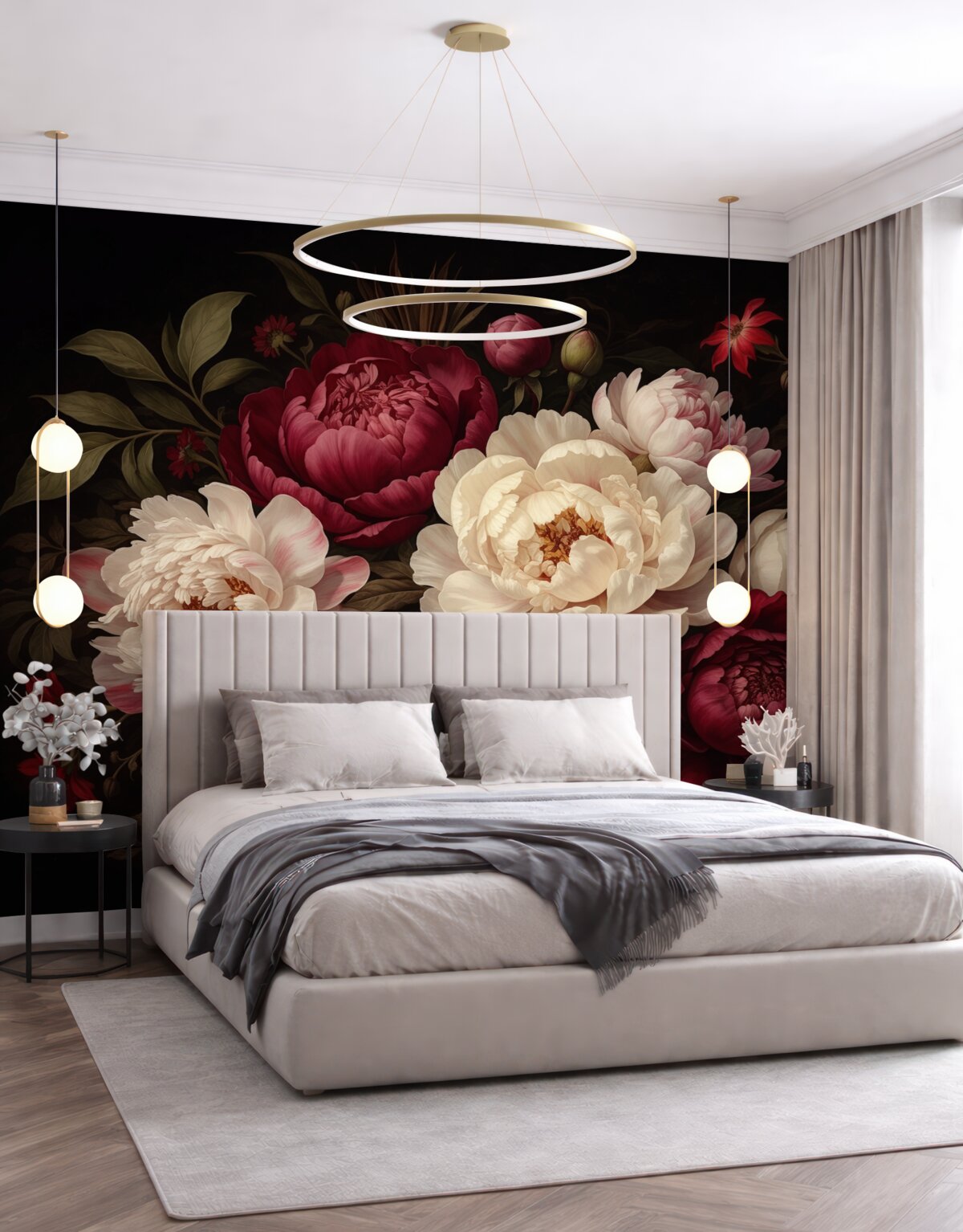 Fototapeta Ekskluzywny bukiet piwonii i kwiatów w intensywnych tonacjach czerwieni, różu i beżu na ciemnym tle.