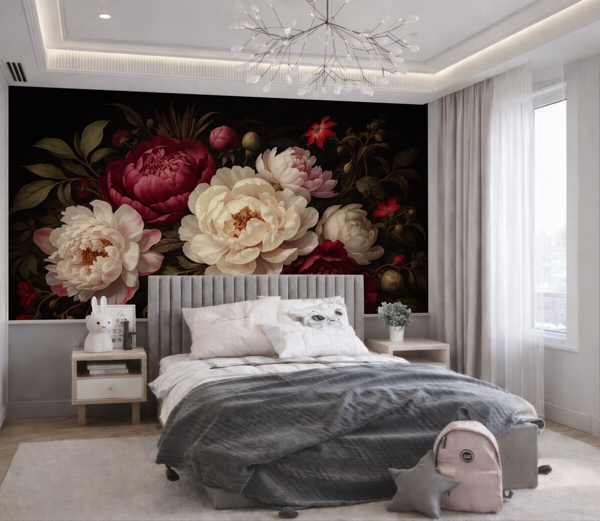 Fototapeta Ekskluzywny bukiet piwonii i kwiatów w intensywnych tonacjach czerwieni, różu i beżu na ciemnym tle.