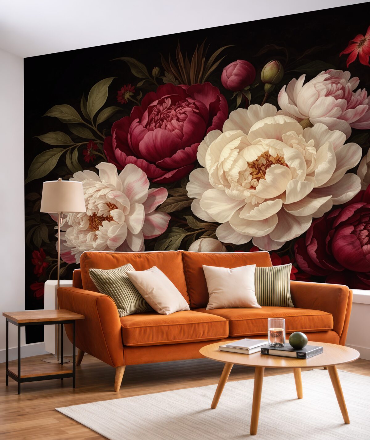 Fototapeta Ekskluzywny bukiet piwonii i kwiatów w intensywnych tonacjach czerwieni, różu i beżu na ciemnym tle.