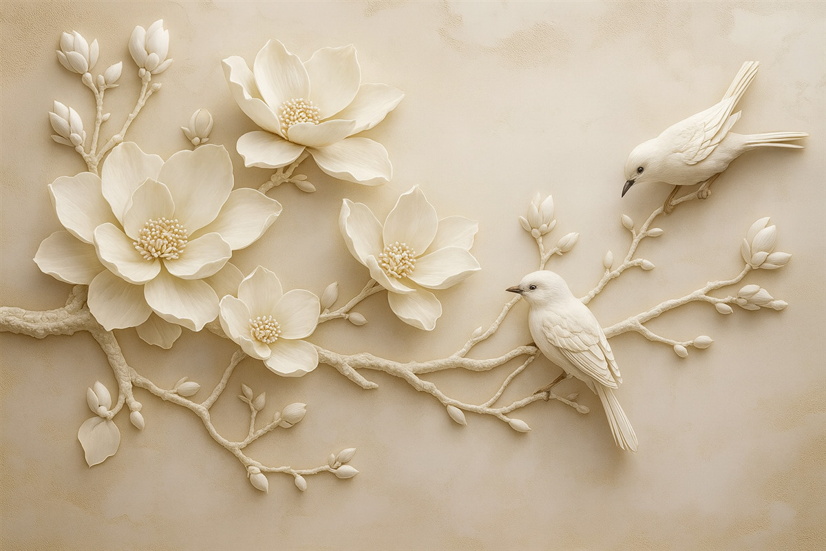 Fototapeta gałęzie magnolii w technice 3D z ptakami