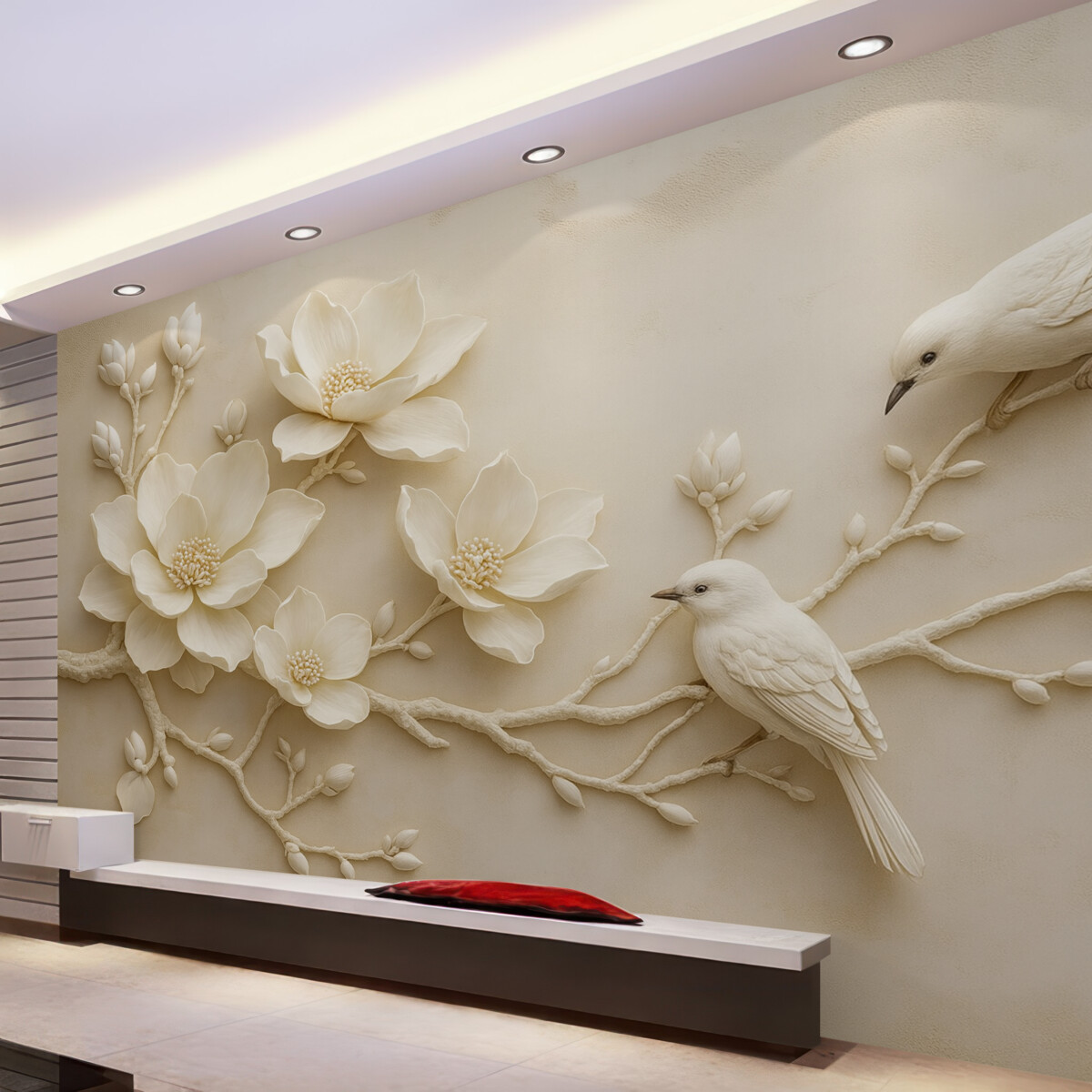 Fototapeta gałęzie magnolii w technice 3D z ptakami