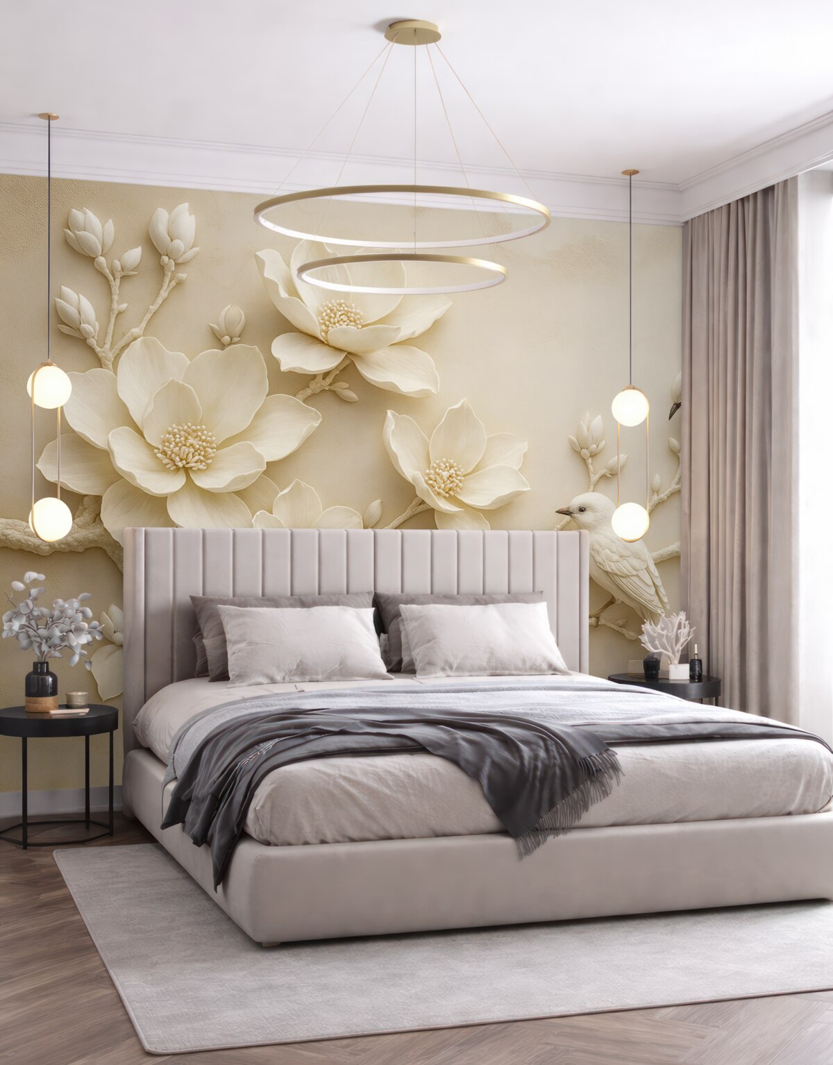 Fototapeta gałęzie magnolii w technice 3D z ptakami