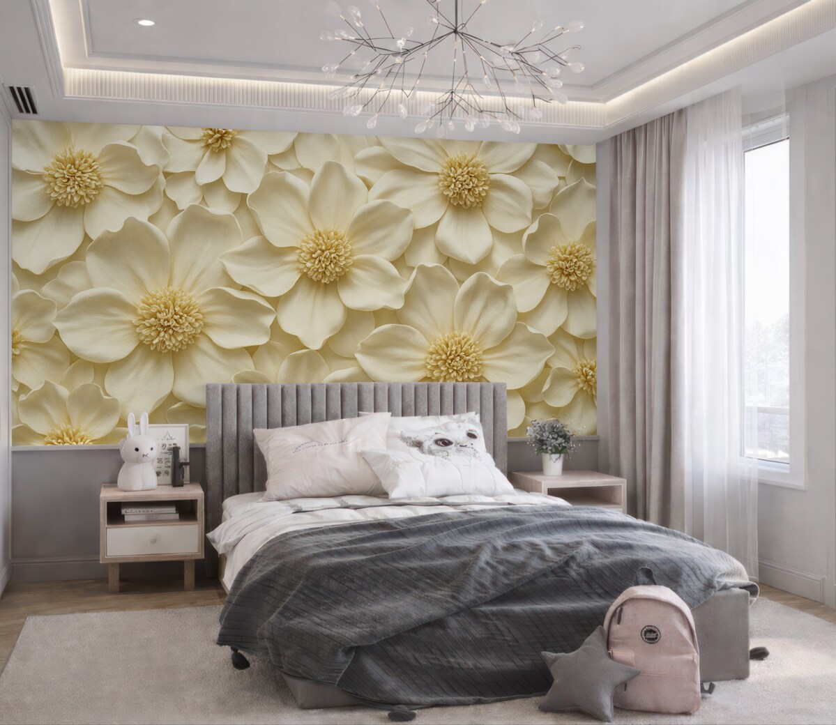 Fototapeta Beżowa aranżacja kwiatu 3D z żółtymi detalami.