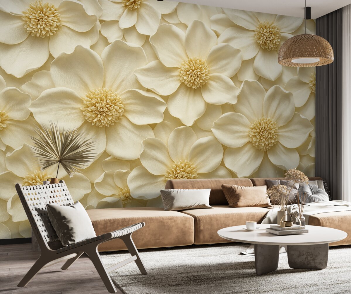 Fototapeta Beżowa aranżacja kwiatu 3D z żółtymi detalami.