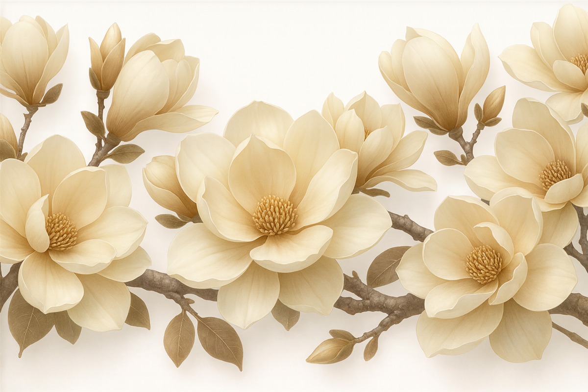 Fototapeta Beżowe kwitnące rośliny magnolii w kremowym kolorze na jasnym tle.