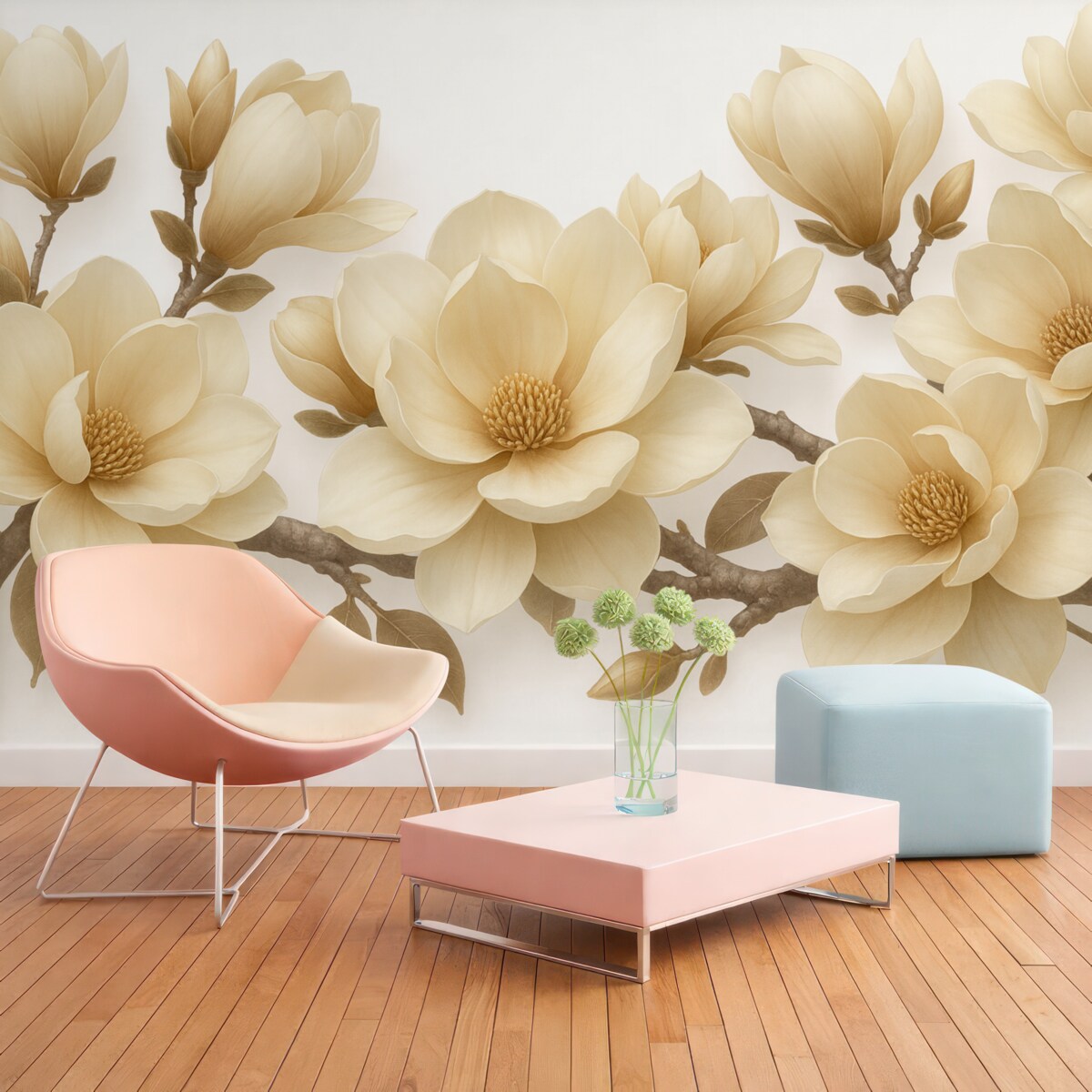 Fototapeta Beżowe kwitnące rośliny magnolii w kremowym kolorze na jasnym tle.