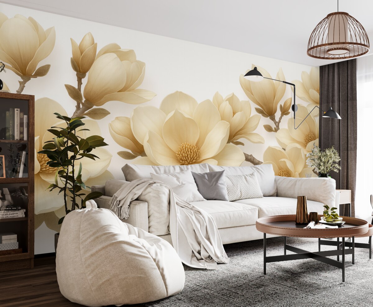 Fototapeta Beżowe kwitnące rośliny magnolii w kremowym kolorze na jasnym tle.