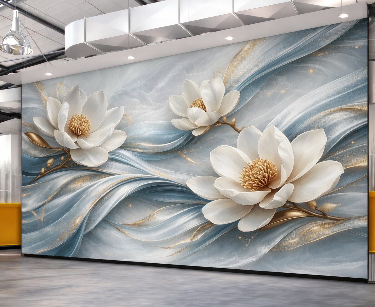 Fototapeta Kwiaty magnolii w zestawieniu z niebieskimi, białymi oraz żółtymi tonami z abstrakcyjnymi falami.