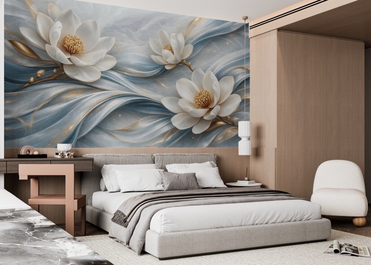 Fototapeta Kwiaty magnolii w zestawieniu z niebieskimi, białymi oraz żółtymi tonami z abstrakcyjnymi falami.