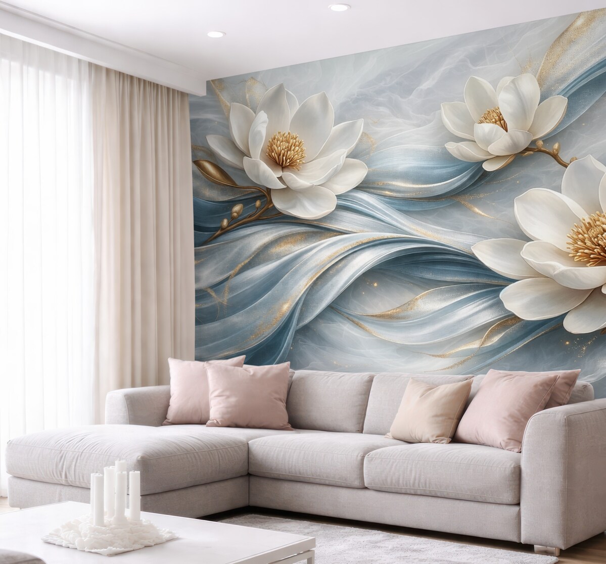 Fototapeta Kwiaty magnolii w zestawieniu z niebieskimi, białymi oraz żółtymi tonami z abstrakcyjnymi falami.