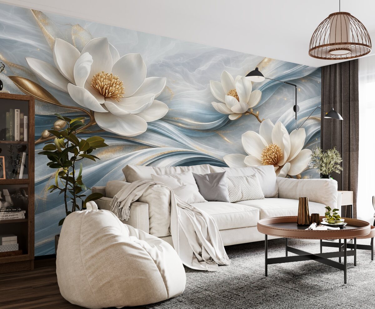 Fototapeta Kwiaty magnolii w zestawieniu z niebieskimi, białymi oraz żółtymi tonami z abstrakcyjnymi falami.