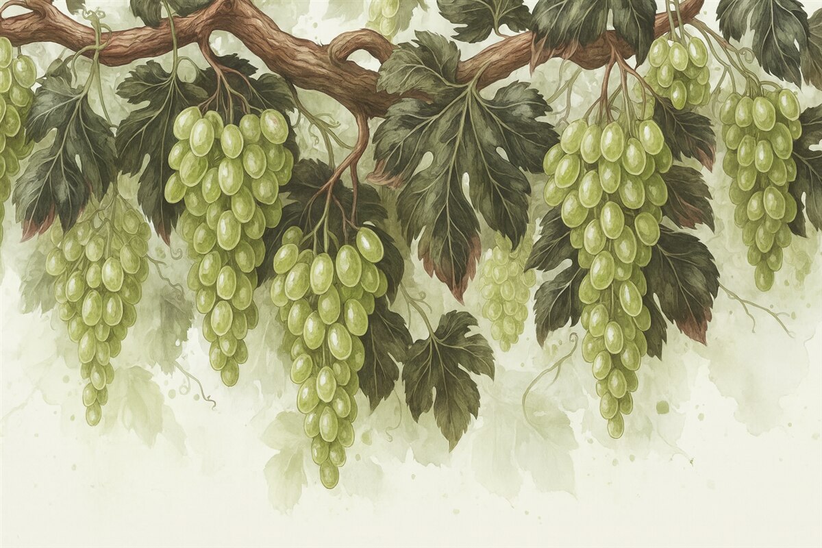 Fototapeta Winogrona zawieszone na winorośli z zielonymi liśćmi, na jasnym tle o fakturze przypominającej akwarelę.