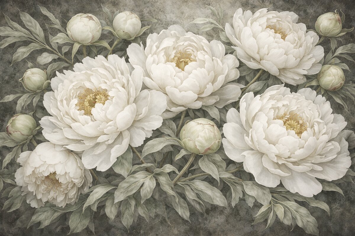 Fototapeta Teksturowane pastelowe białe piwonie z łagodnymi zielonymi pąkami oraz liśćmi o subtelnych płatkach.