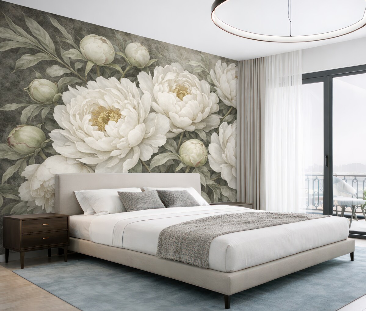 Fototapeta Teksturowane pastelowe białe piwonie z łagodnymi zielonymi pąkami oraz liśćmi o subtelnych płatkach.