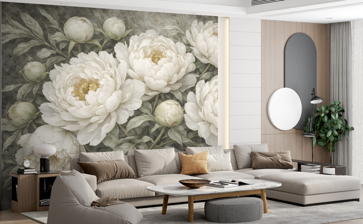 Fototapeta Teksturowane pastelowe białe piwonie z łagodnymi zielonymi pąkami oraz liśćmi o subtelnych płatkach.