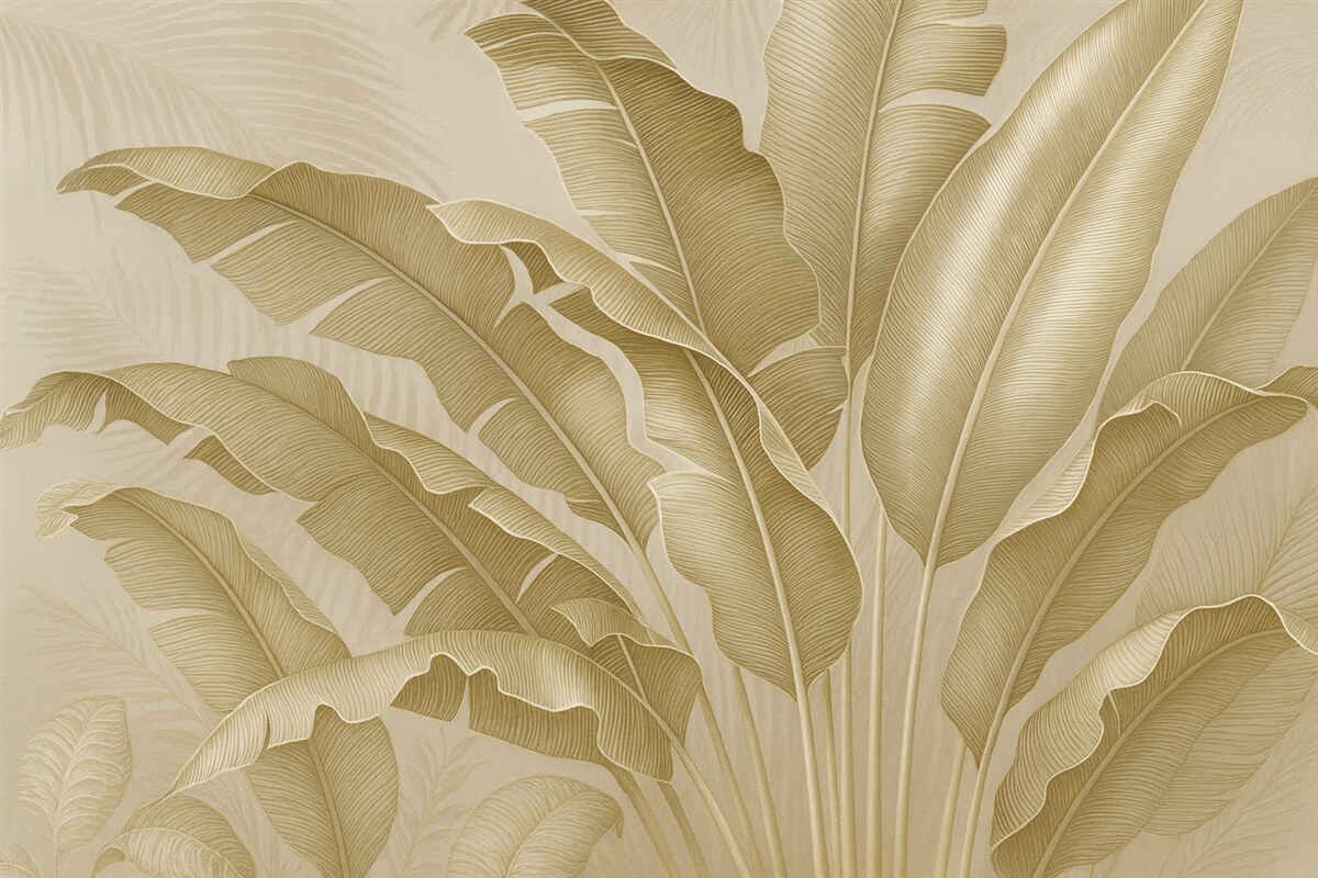 Fototapeta Harmonijna kompozycja tropikalnych liści w tonacjach beżu i brązu z precyzyjnie zarysowaną linią.