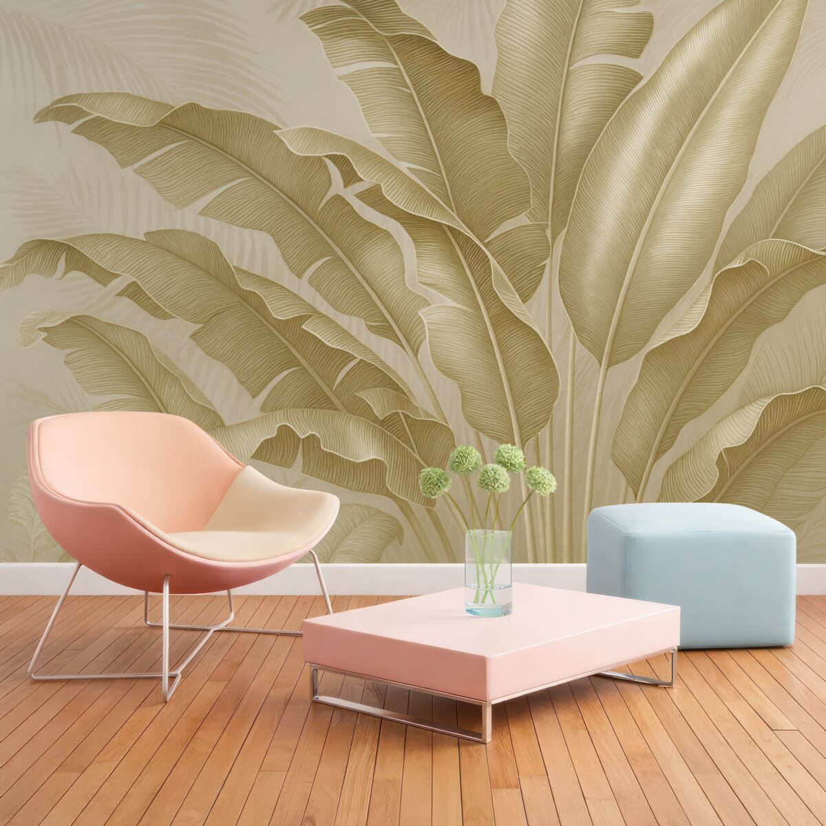 Fototapeta Harmonijna kompozycja tropikalnych liści w tonacjach beżu i brązu z precyzyjnie zarysowaną linią.