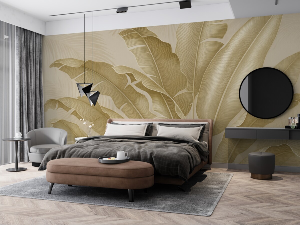 Fototapeta Harmonijna kompozycja tropikalnych liści w tonacjach beżu i brązu z precyzyjnie zarysowaną linią.