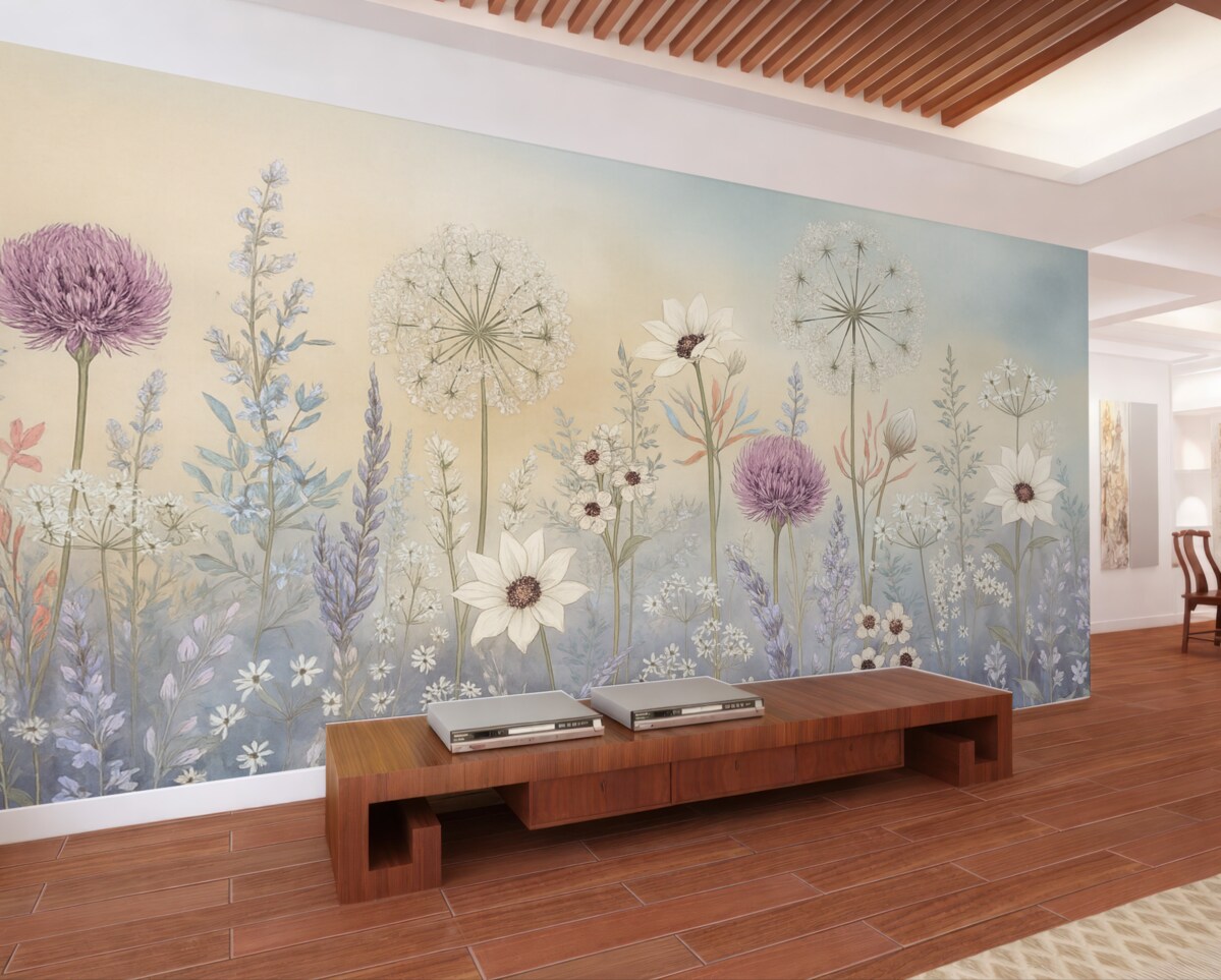 Fototapeta Pełen życia ogród z kwiatami i trawą na delikatnym, pastelowym tle o gradientowej fakturze.