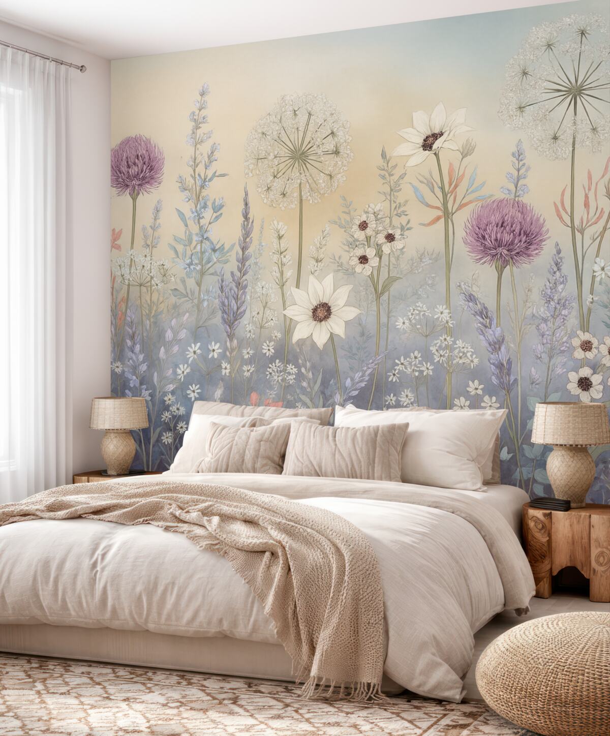 Fototapeta Pełen życia ogród z kwiatami i trawą na delikatnym, pastelowym tle o gradientowej fakturze.