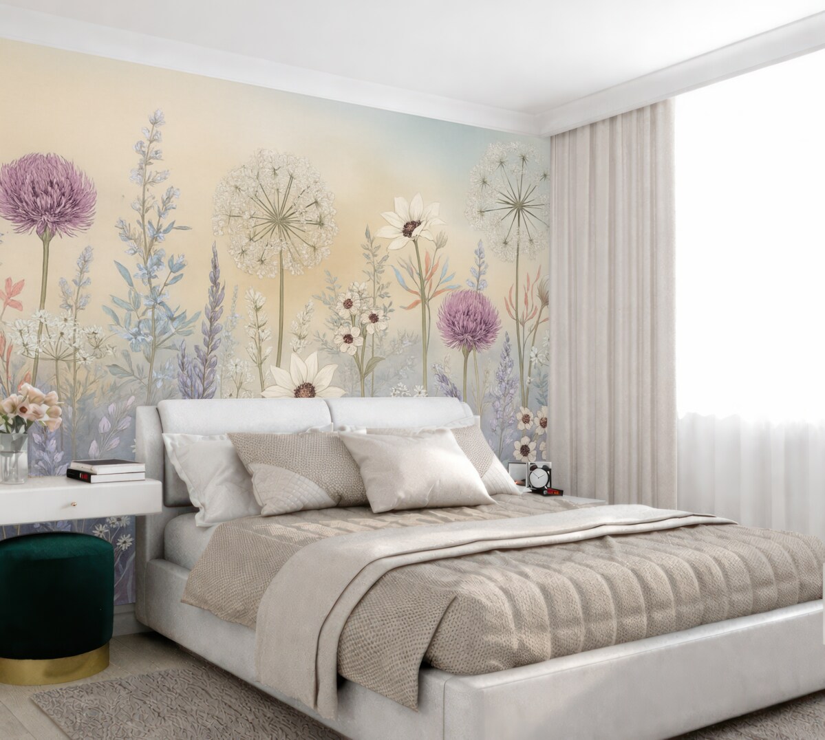 Fototapeta Pełen życia ogród z kwiatami i trawą na delikatnym, pastelowym tle o gradientowej fakturze.