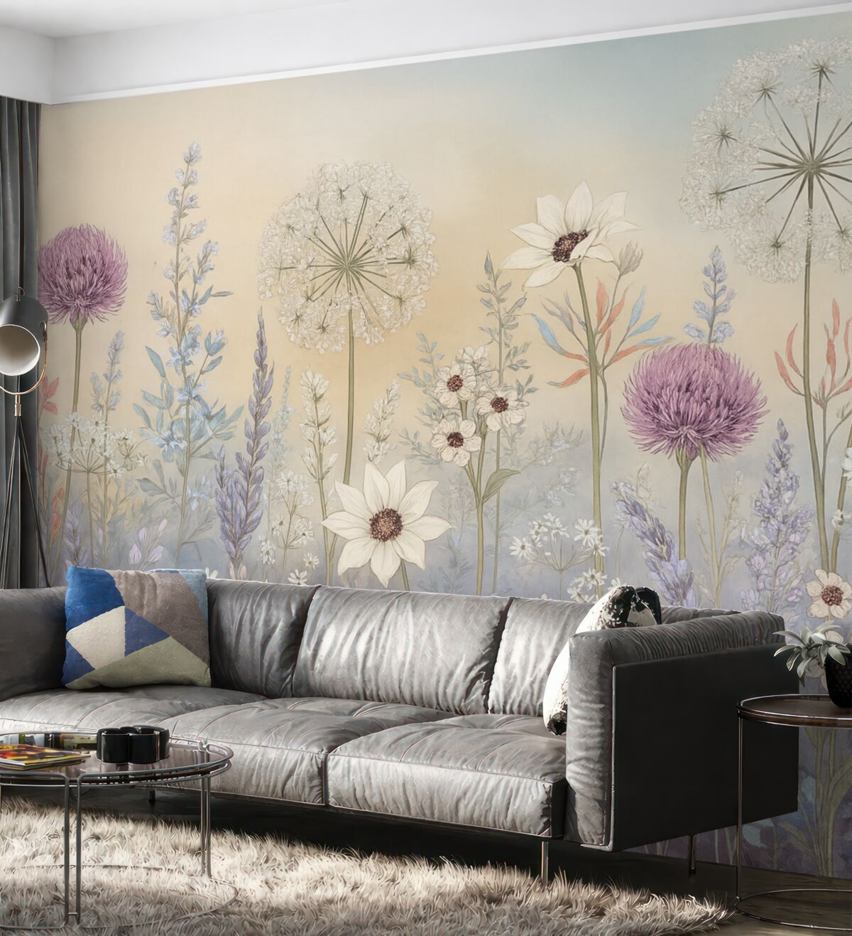 Fototapeta Pełen życia ogród z kwiatami i trawą na delikatnym, pastelowym tle o gradientowej fakturze.