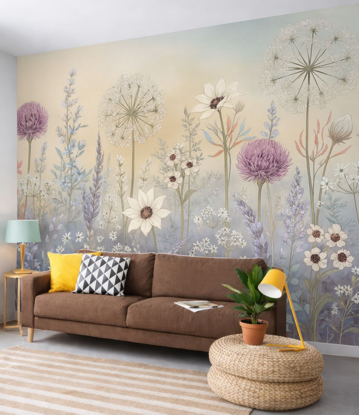 Fototapeta Pełen życia ogród z kwiatami i trawą na delikatnym, pastelowym tle o gradientowej fakturze.