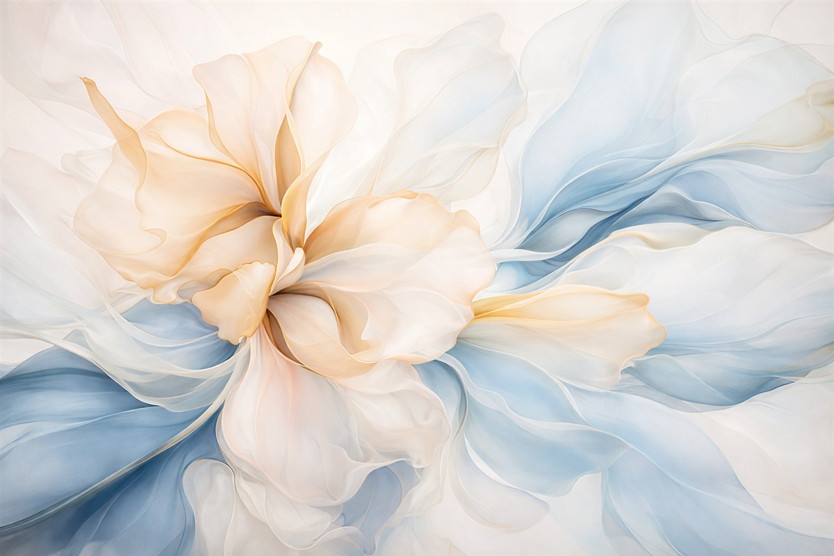 Fototapeta Gładkie, abstrakcyjne płatki kwiatów, półprzezroczyste oraz warstwowe formy w subtelnych barwach, w odcieniach brzoskwini i niebieskiego.