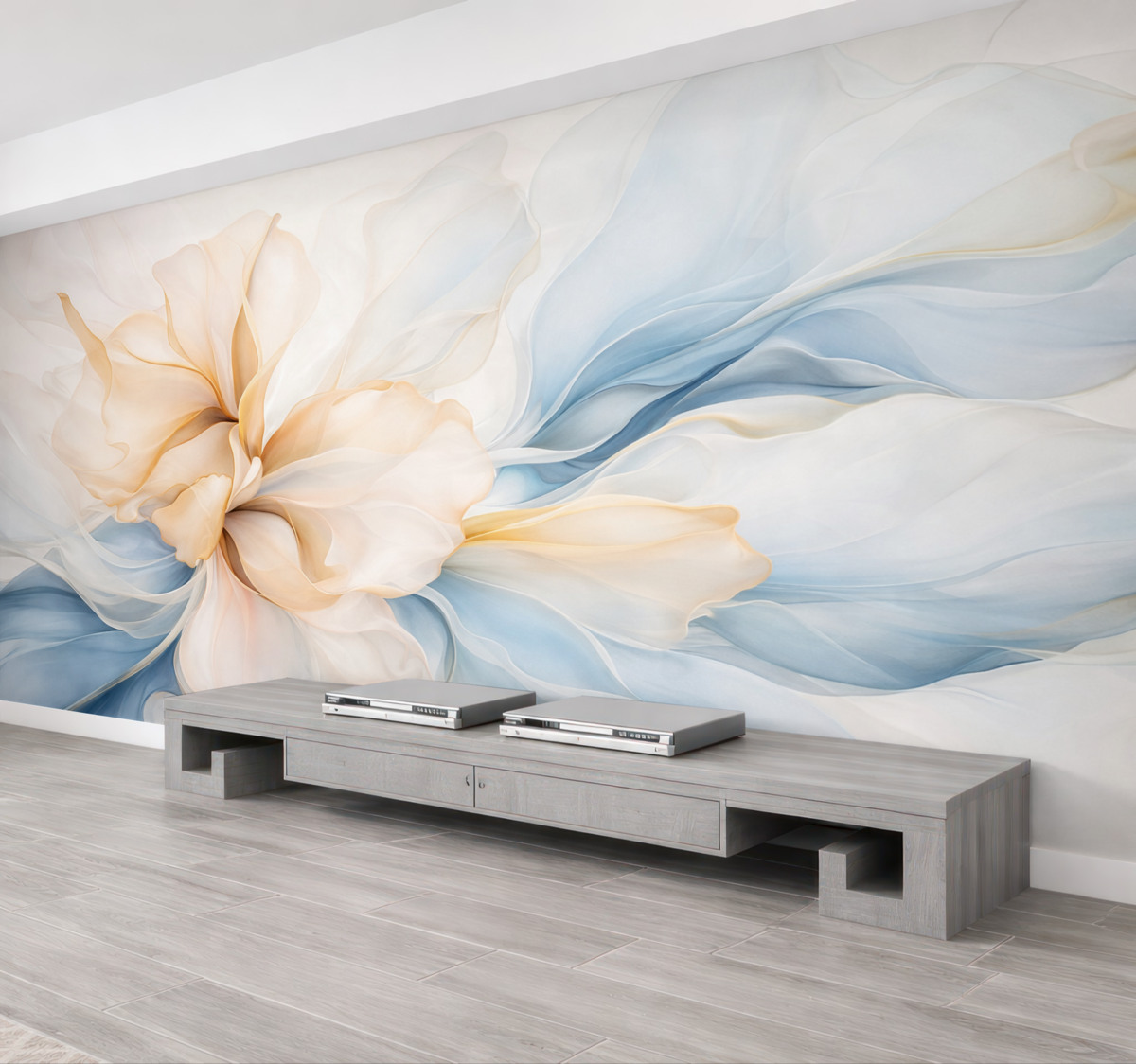 Fototapeta Gładkie, abstrakcyjne płatki kwiatów, półprzezroczyste oraz warstwowe formy w subtelnych barwach, w odcieniach brzoskwini i niebieskiego.