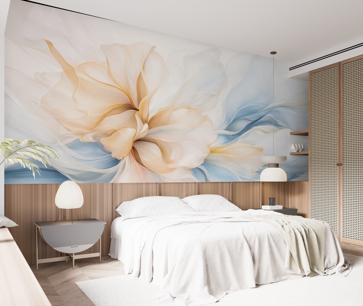 Fototapeta Gładkie, abstrakcyjne płatki kwiatów, półprzezroczyste oraz warstwowe formy w subtelnych barwach, w odcieniach brzoskwini i niebieskiego.