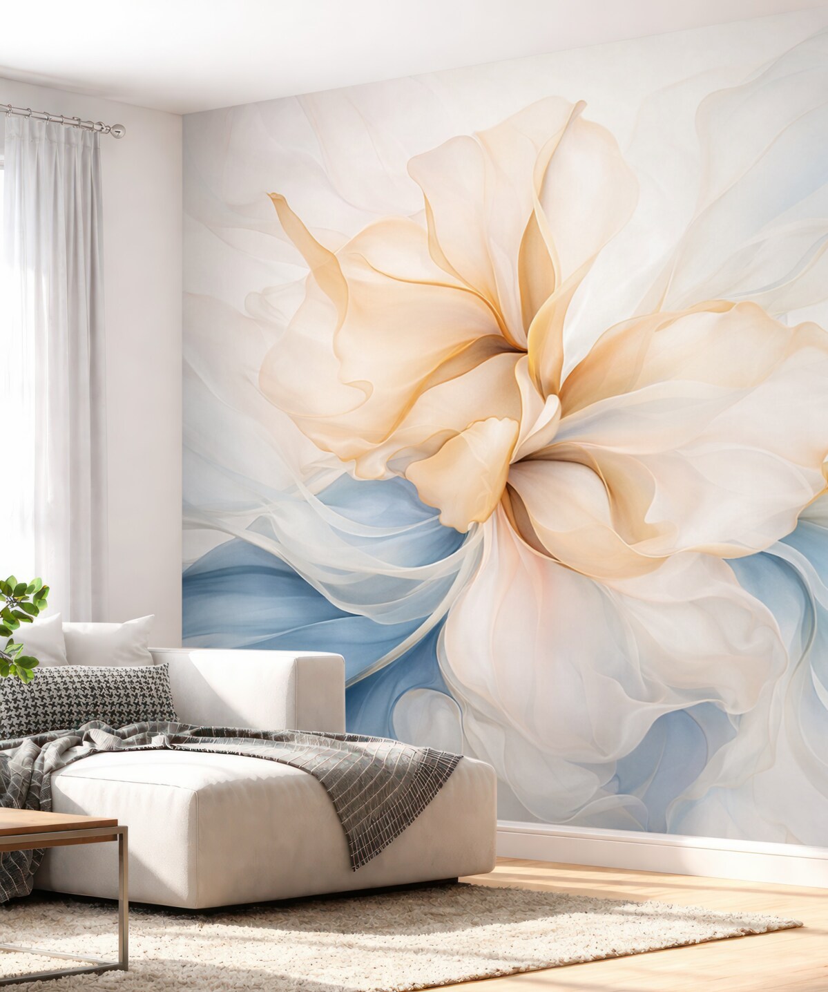 Fototapeta Gładkie, abstrakcyjne płatki kwiatów, półprzezroczyste oraz warstwowe formy w subtelnych barwach, w odcieniach brzoskwini i niebieskiego.