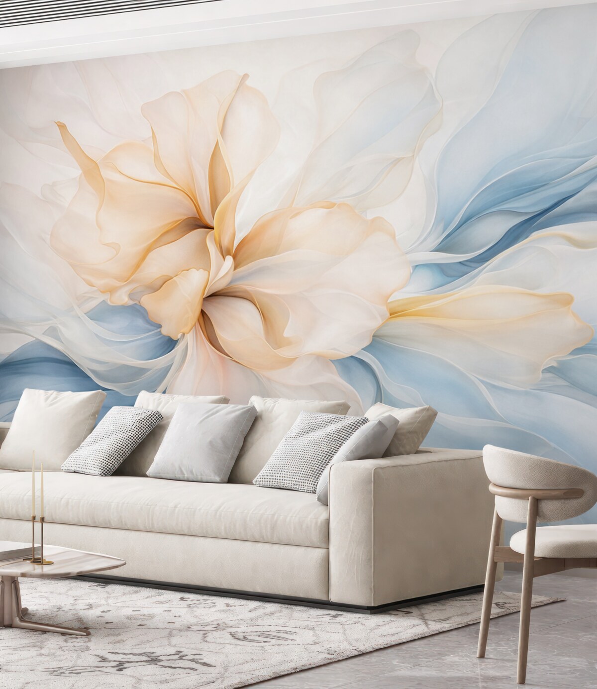 Fototapeta Gładkie, abstrakcyjne płatki kwiatów, półprzezroczyste oraz warstwowe formy w subtelnych barwach, w odcieniach brzoskwini i niebieskiego.