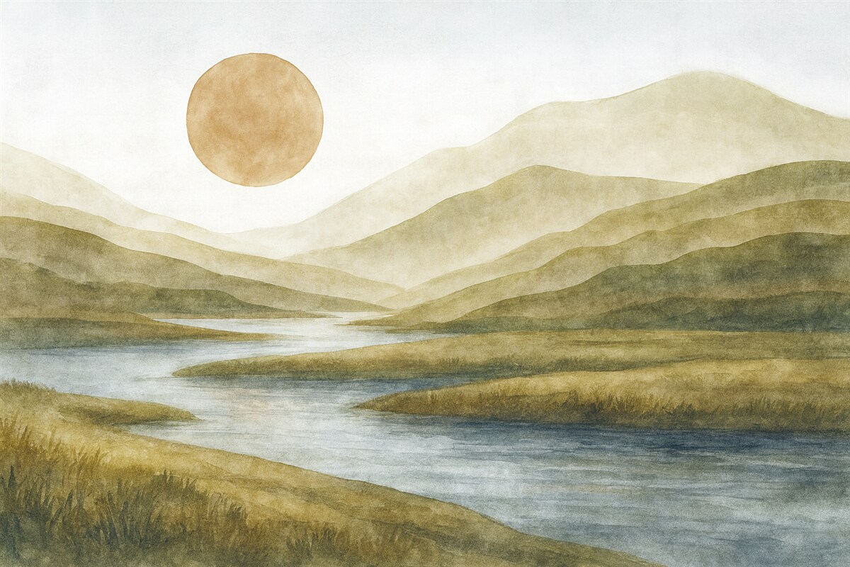 Fototapeta Widok na warstwowe góry o łagodnych zboczach, wijąca się rzeka oraz delikatne pomarańczowe słońce na firmamencie.