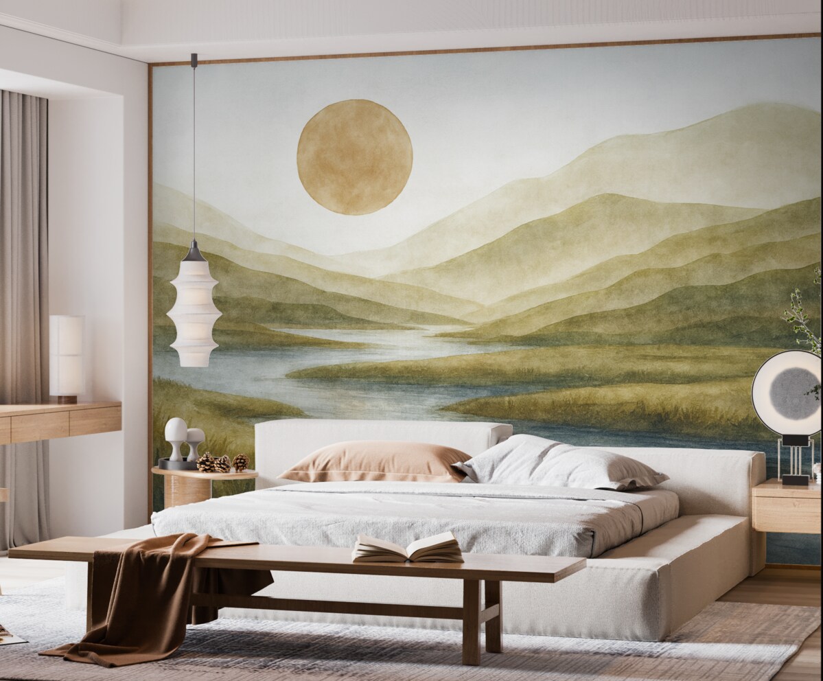 Fototapeta Widok na warstwowe góry o łagodnych zboczach, wijąca się rzeka oraz delikatne pomarańczowe słońce na firmamencie.