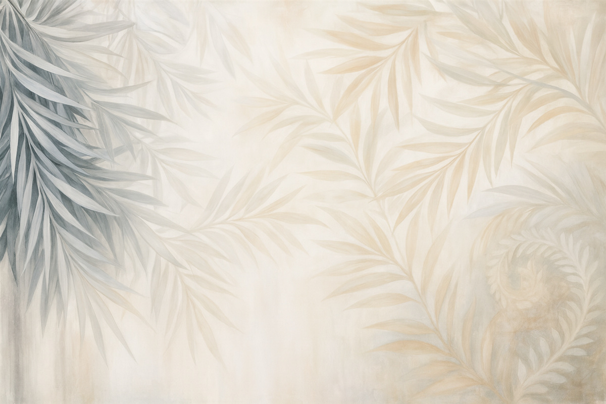 Fototapeta Delikatne, gładkie, jasne liście tropikalne w tonacjach szarości i brzoskwini, zlewające się z jasnym, neutralnym wzorem.