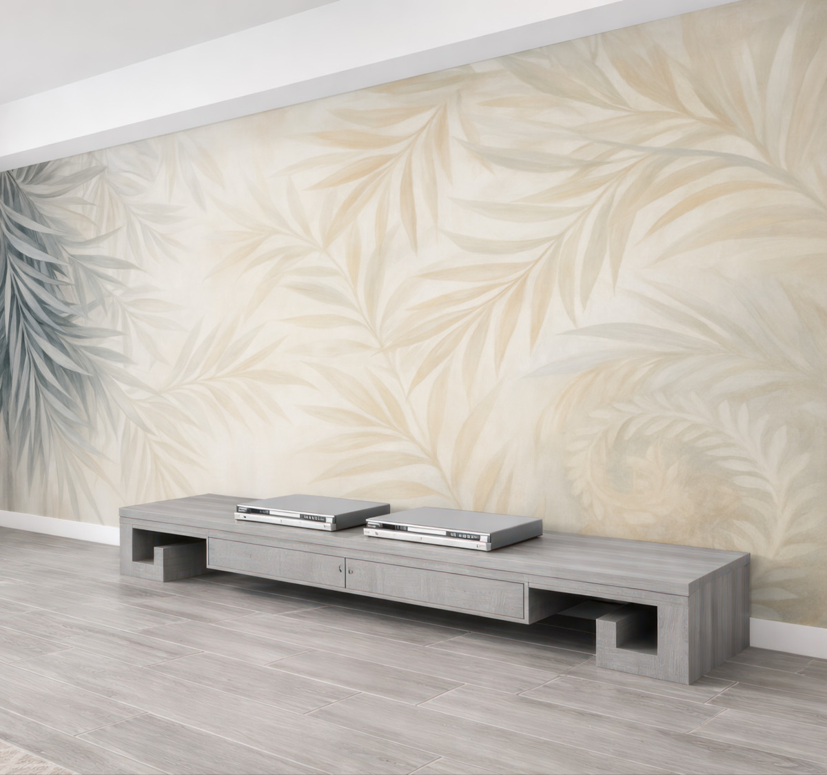 Fototapeta Delikatne, gładkie, jasne liście tropikalne w tonacjach szarości i brzoskwini, zlewające się z jasnym, neutralnym wzorem.