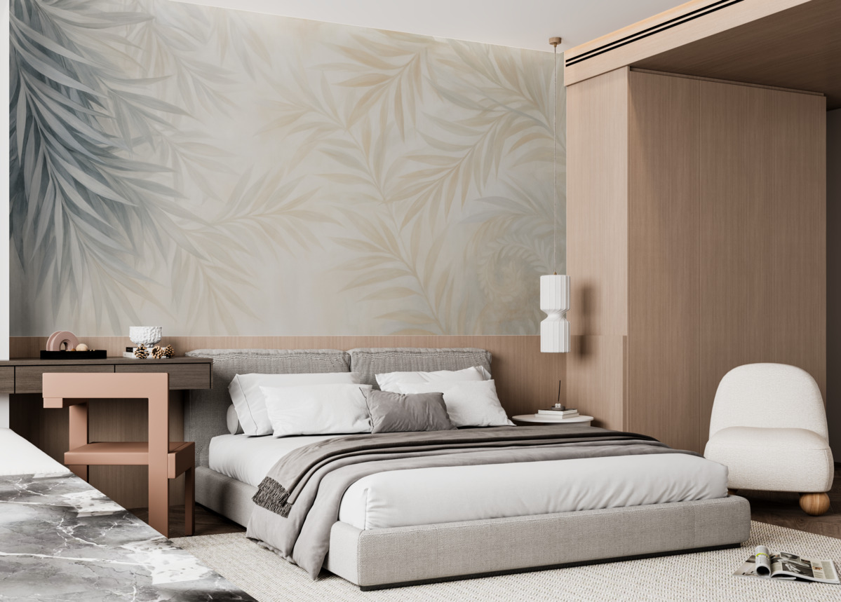 Fototapeta Delikatne, gładkie, jasne liście tropikalne w tonacjach szarości i brzoskwini, zlewające się z jasnym, neutralnym wzorem.