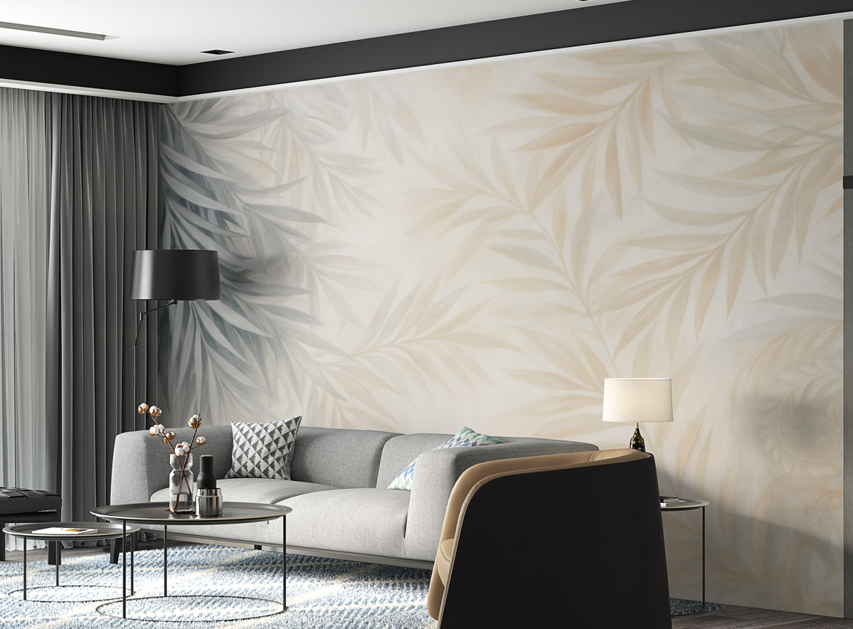 Fototapeta Delikatne, gładkie, jasne liście tropikalne w tonacjach szarości i brzoskwini, zlewające się z jasnym, neutralnym wzorem.