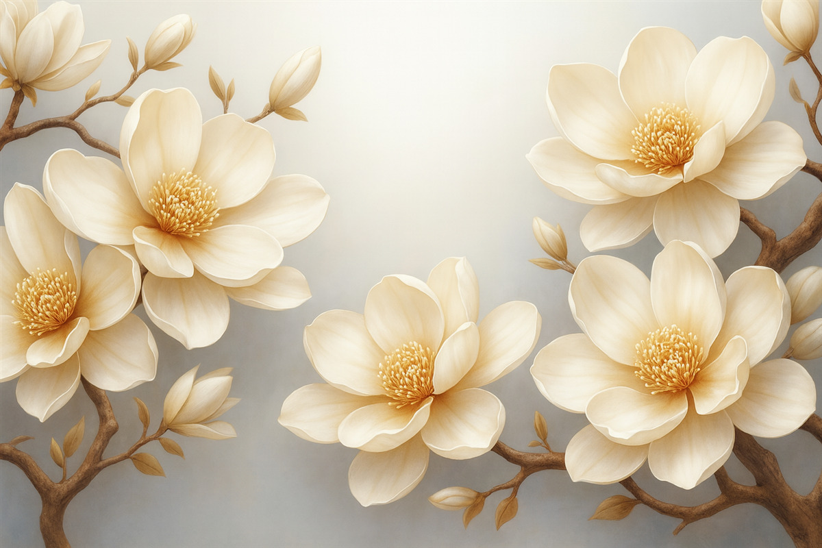 Fototapeta Cudowne, kwitnące kremowe magnolie na jasnym tle.