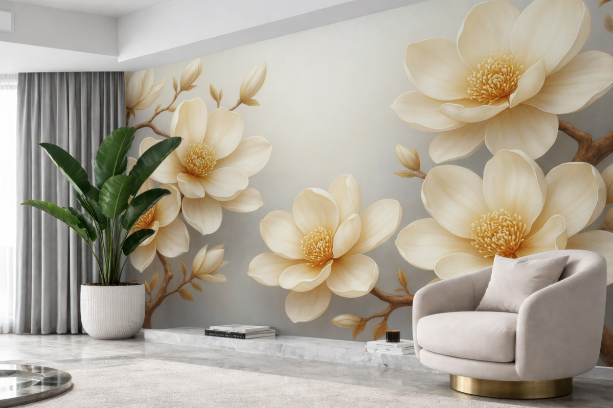 Fototapeta Cudowne, kwitnące kremowe magnolie na jasnym tle.