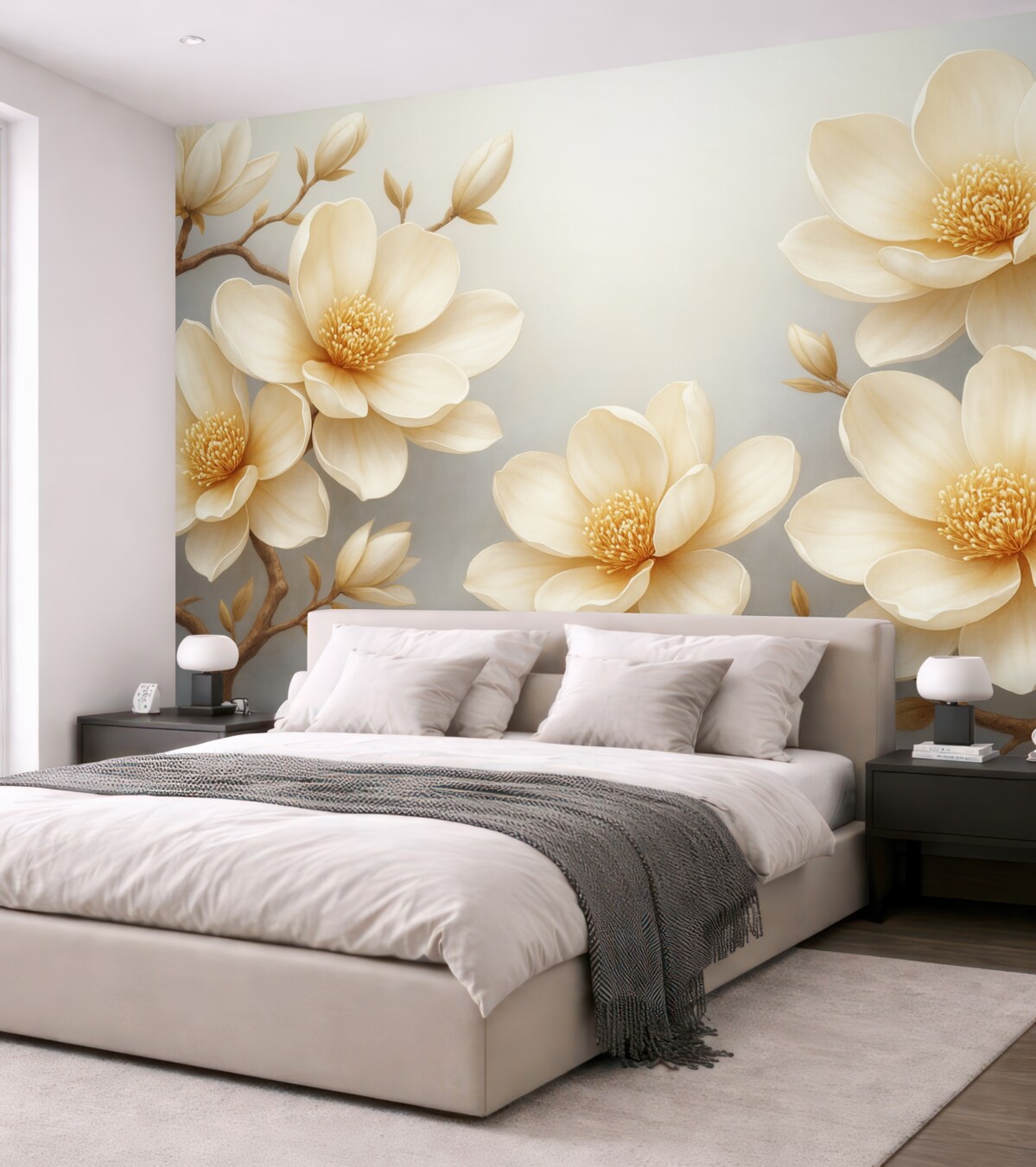 Fototapeta Cudowne, kwitnące kremowe magnolie na jasnym tle.