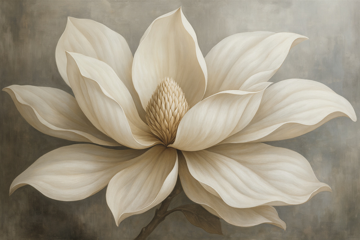 Fototapeta Stylowy kwiat magnolii z długimi, gładkimi płatkami na szarym tle.