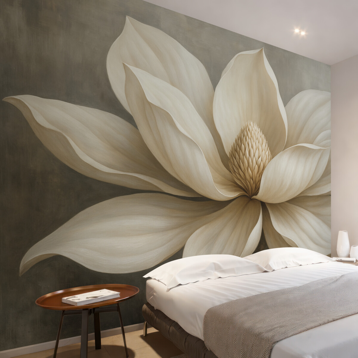 Fototapeta Stylowy kwiat magnolii z długimi, gładkimi płatkami na szarym tle.