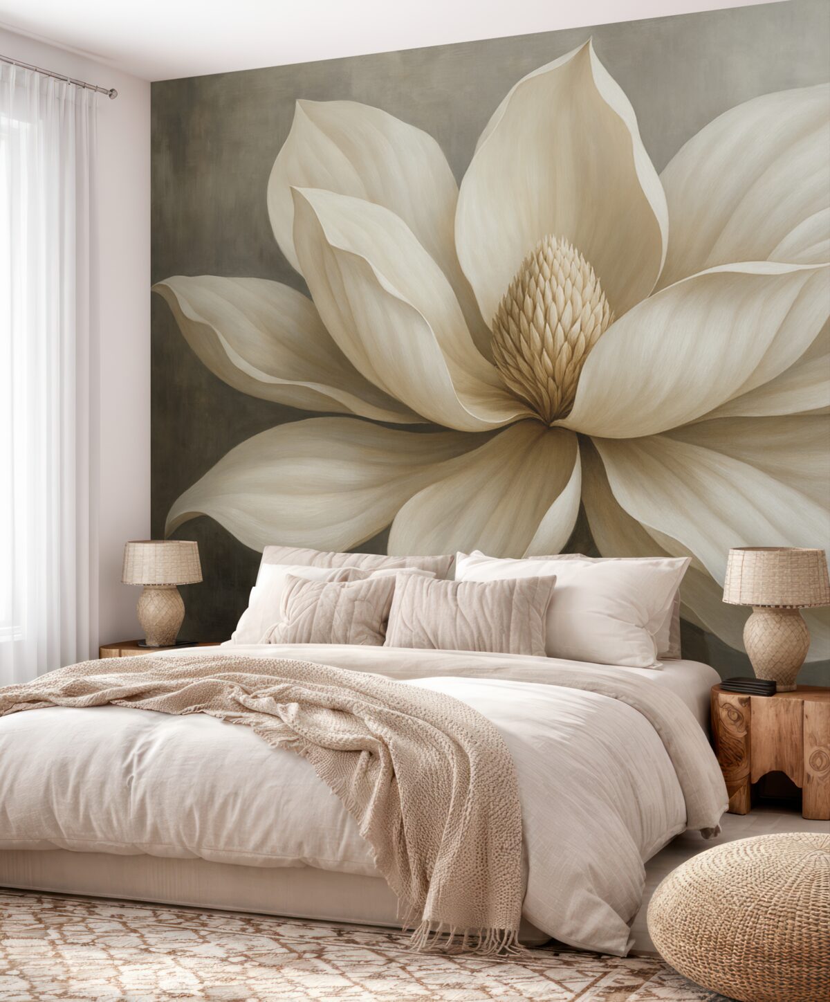 Fototapeta Stylowy kwiat magnolii z długimi, gładkimi płatkami na szarym tle.