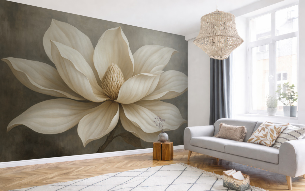 Fototapeta Stylowy kwiat magnolii z długimi, gładkimi płatkami na szarym tle.