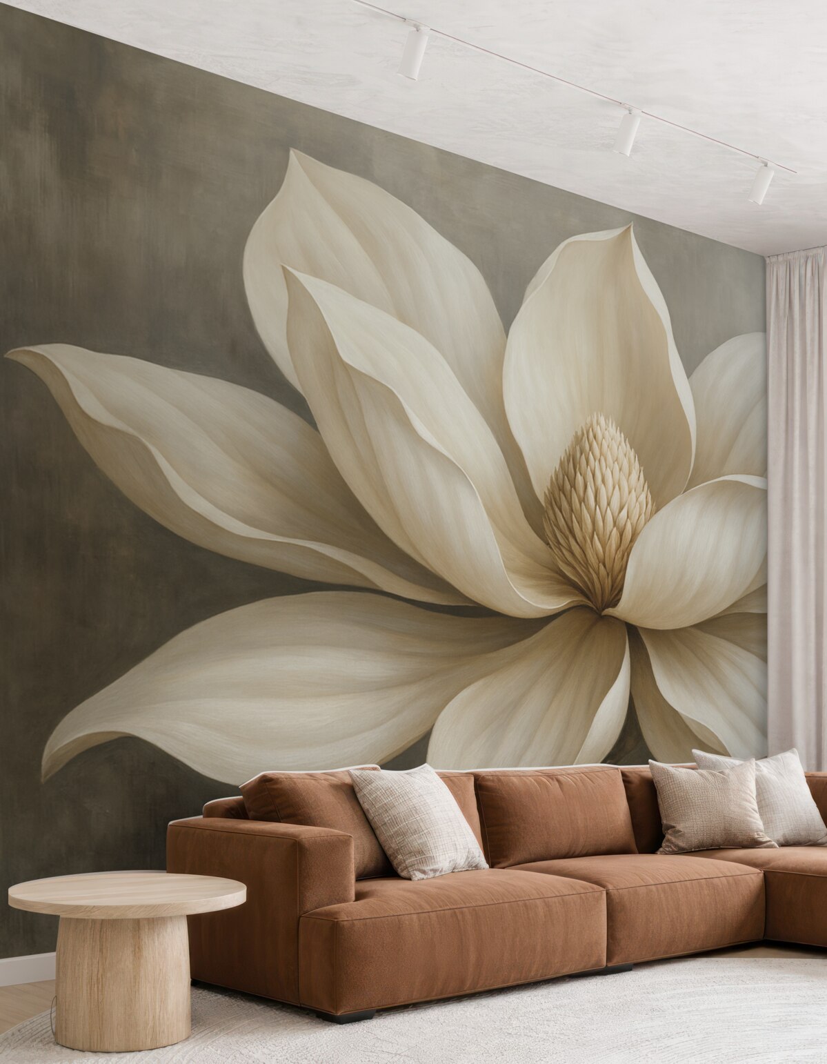 Fototapeta Stylowy kwiat magnolii z długimi, gładkimi płatkami na szarym tle.